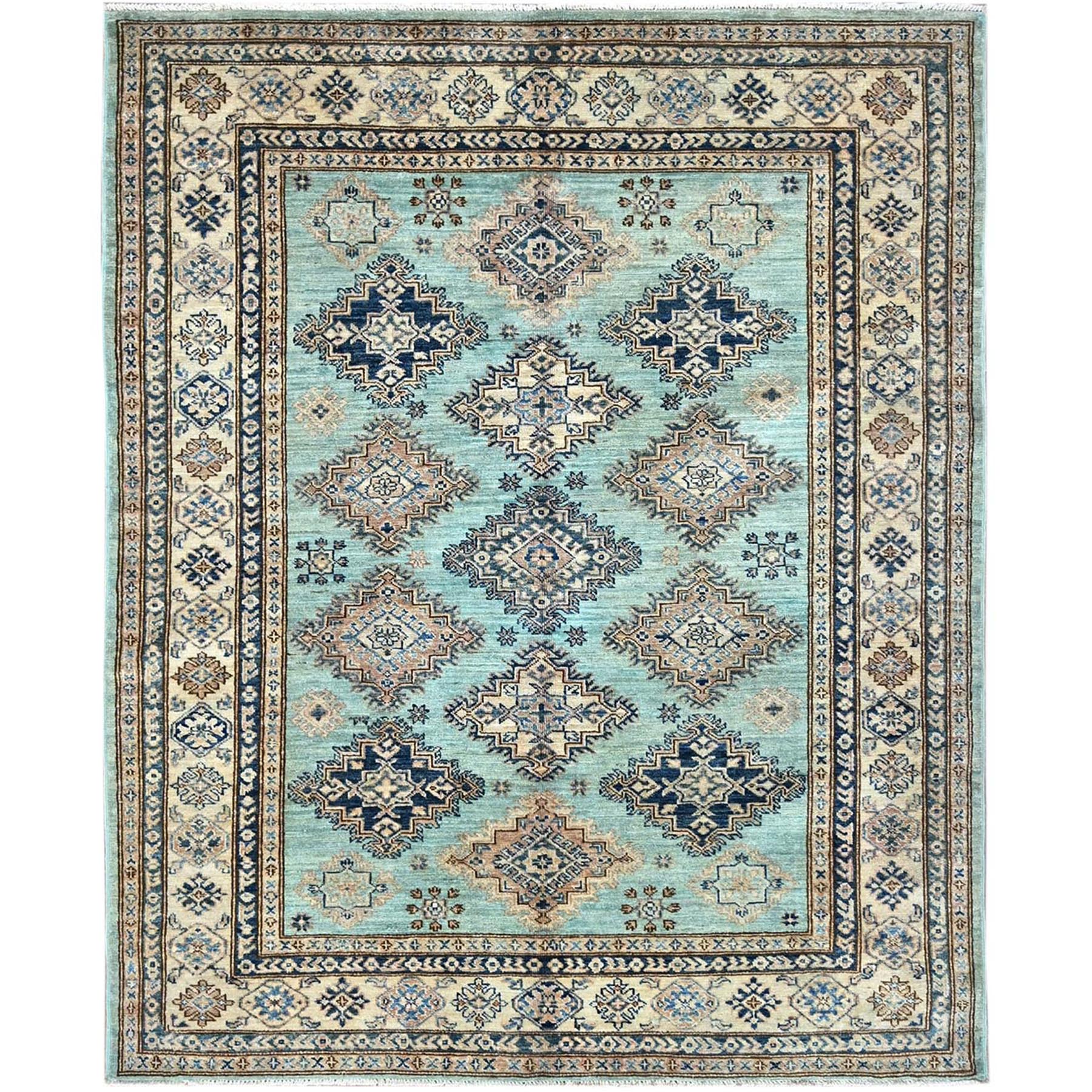 Winter Mint Blue, Natural Dyes, Hand Knotted, Afghan Super Kazak with All Over Tribal Medallions Design, Pure Wool,  Densely Woven Oriental Rug
